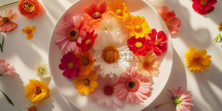 White plate with flowers. Creative composition - Starpik Stock