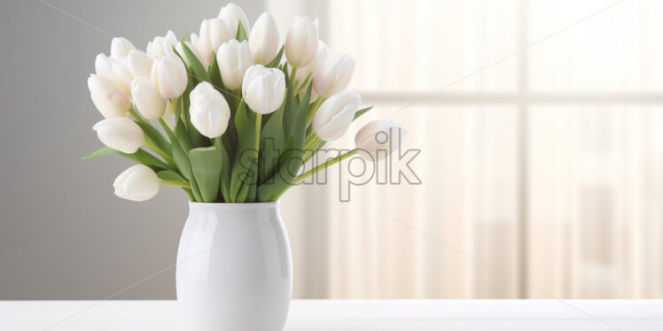 White tulips in a vase, on a wood table - Starpik Stock