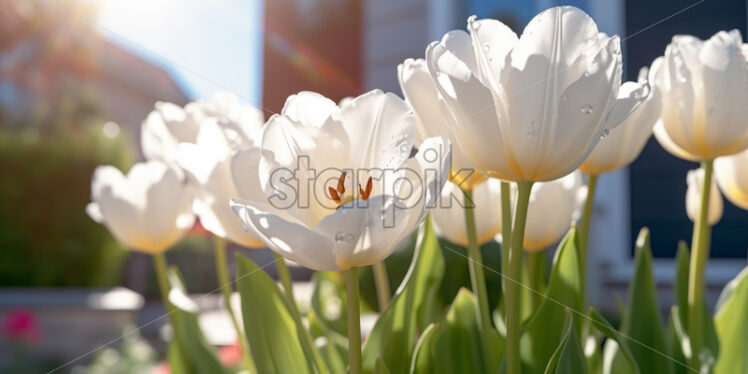 White tulips in front of a modern high-tech house - Starpik Stock