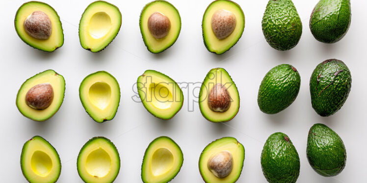 Whole and cut avocados on white background - Starpik Stock