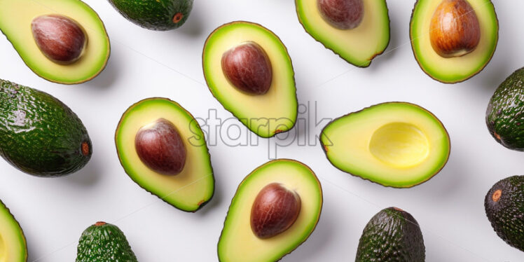 Whole and cut avocados on white background - Starpik Stock