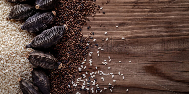 Whole black cardamom pods and white sesame seeds on a wood surface - Starpik Stock