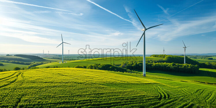 Wind turbines on a green field - Starpik Stock