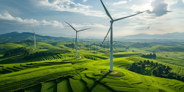 Wind turbines on a green field - Starpik Stock