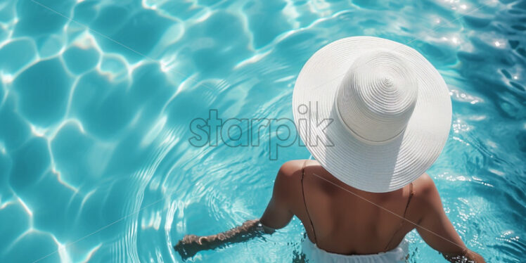 Woman at the pool relaxing enjoying holiday, banner poster - Starpik Stock