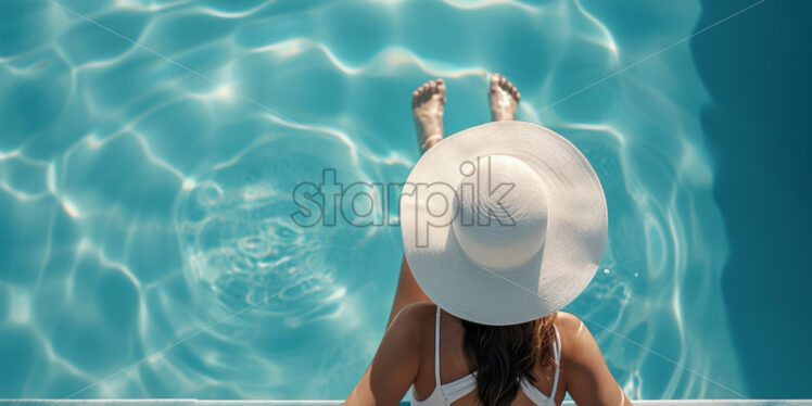 Woman at the pool relaxing enjoying holiday, banner poster - Starpik Stock