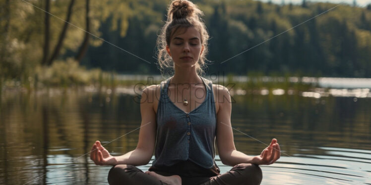 Woman doing yoga on a lake, meditating, relaxing atmosphere with mountains view - Starpik Stock