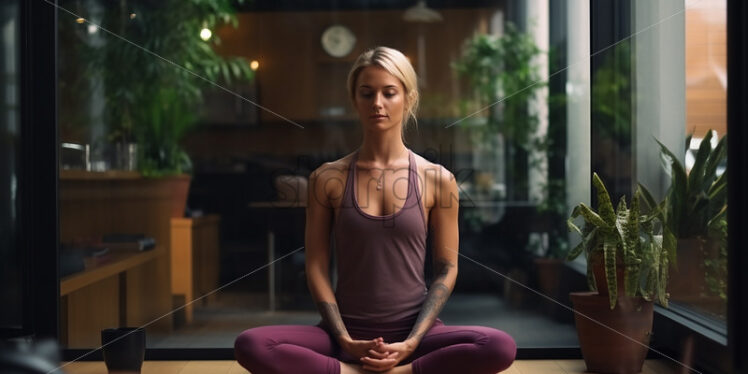 Woman doing yoga session in their house - Starpik Stock