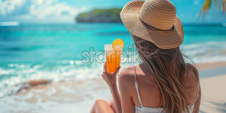 Woman enjoying a cocktail on a tropical island - Starpik Stock