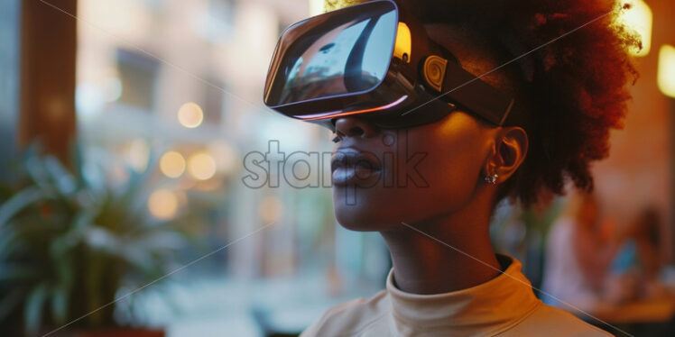 Woman in a cafe with VR glasses - Starpik Stock