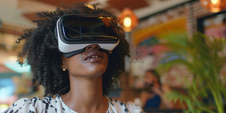 Woman in a cafe with VR glasses - Starpik Stock