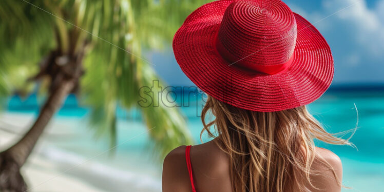 Woman in a red hat on a tropic island - Starpik Stock