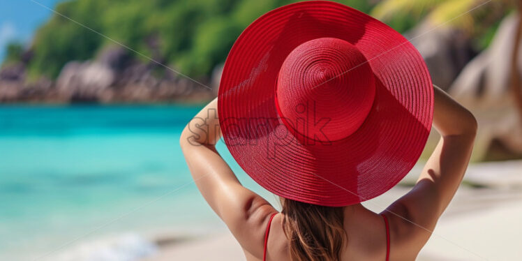 Woman in a red hat on a tropic island - Starpik Stock