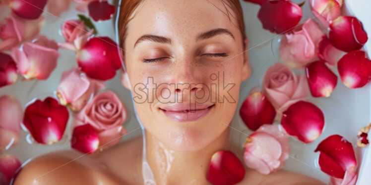 Woman in a spa jacuzzi with petal roses bath - Starpik Stock