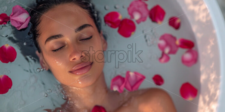 Woman in a spa jacuzzi with petal roses bath relaxing - Starpik Stock