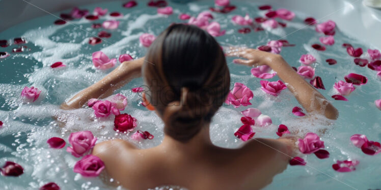 Woman in a spa jacuzzi with petal roses bath relaxing - Starpik Stock