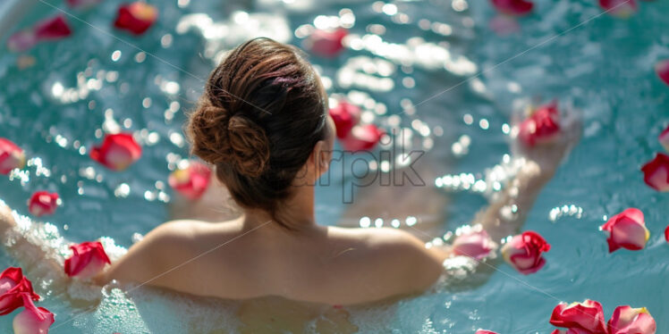 Woman in a spa jacuzzi with petal roses bath relaxing - Starpik Stock