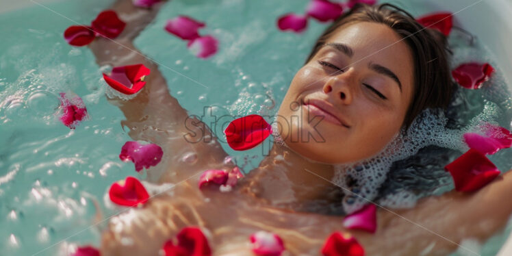 Woman in a spa jacuzzi with petal roses bath relaxing - Starpik Stock