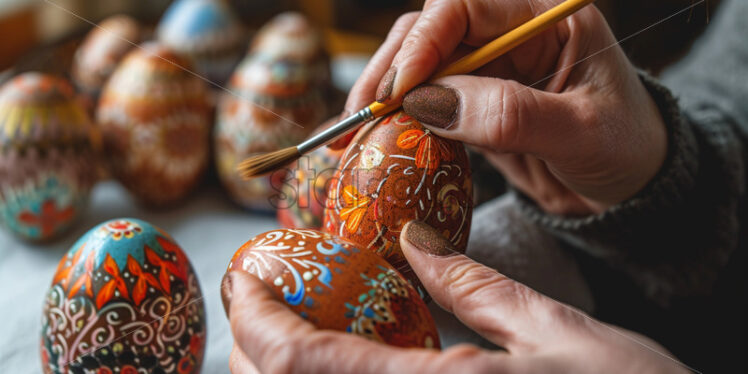 Woman painting traditional romanian easter eggs - Starpik Stock