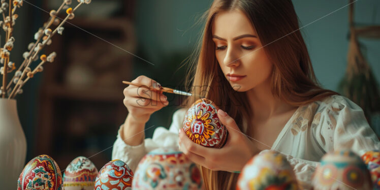 Woman painting traditional romanian easter eggs - Starpik Stock