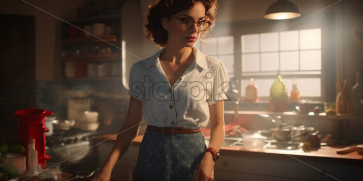 Woman preparing dinner in the kitchen retro 50s style - Starpik Stock