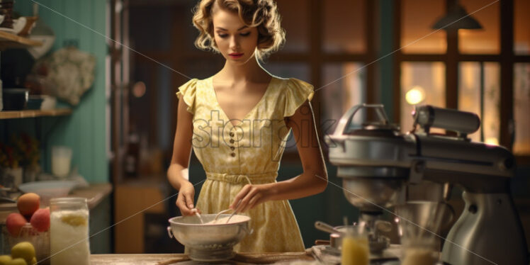 Woman preparing dinner in the kitchen retro 50s style - Starpik Stock