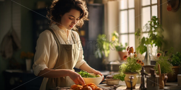 Woman preparing dinner in the kitchen retro style - Starpik Stock