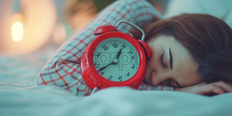 Woman sleeping with alarm on in the bedroom - Starpik Stock