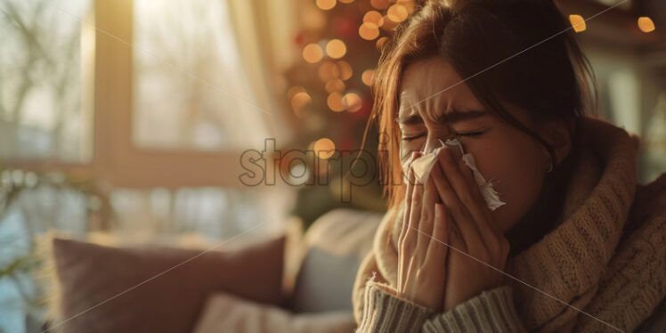 Woman sneezing sick at home - Starpik Stock