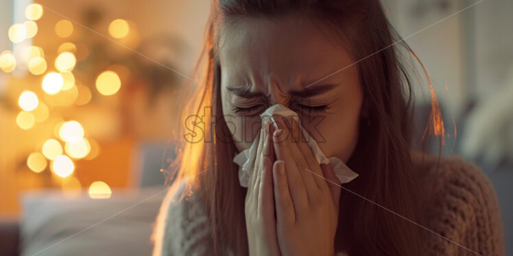 Woman sneezing sick at home - Starpik Stock