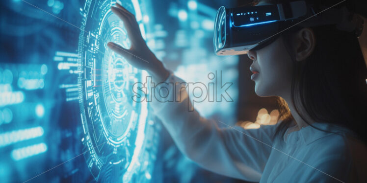 Woman touching futuristic screen while using VR glasses - Starpik Stock