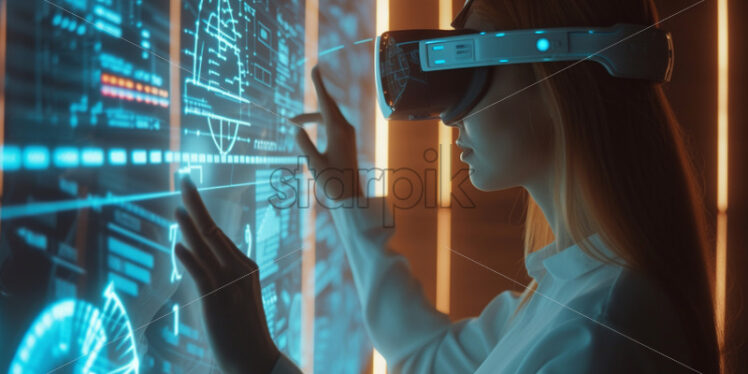 Woman touching futuristic screen while using VR glasses - Starpik Stock