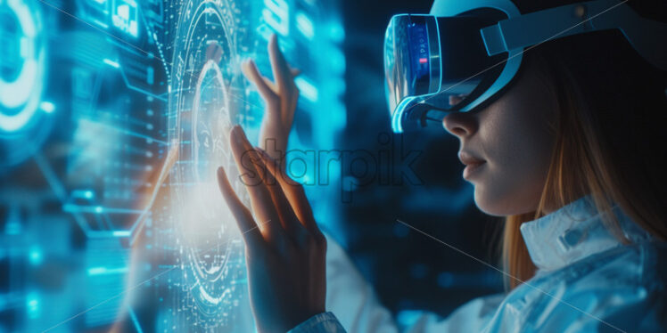 Woman touching futuristic screen while using VR glasses - Starpik Stock