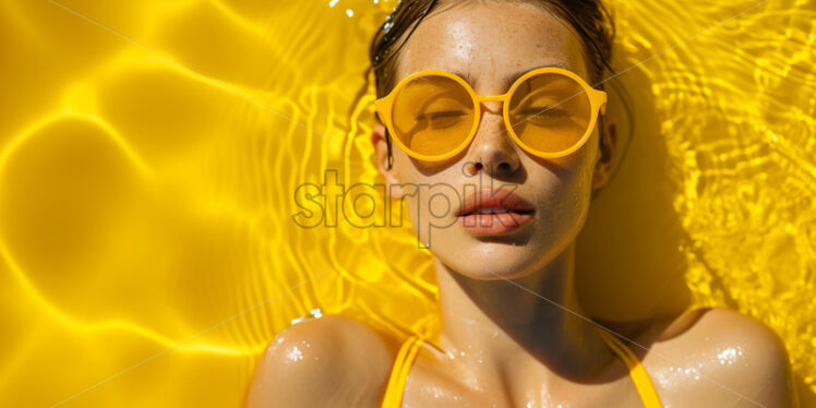 Woman wearing yellow swimming suit  and  a rounded yellow sunglasses - Starpik Stock