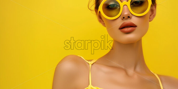 Woman wearing yellow swimming suit  and  a rounded yellow sunglasses - Starpik Stock