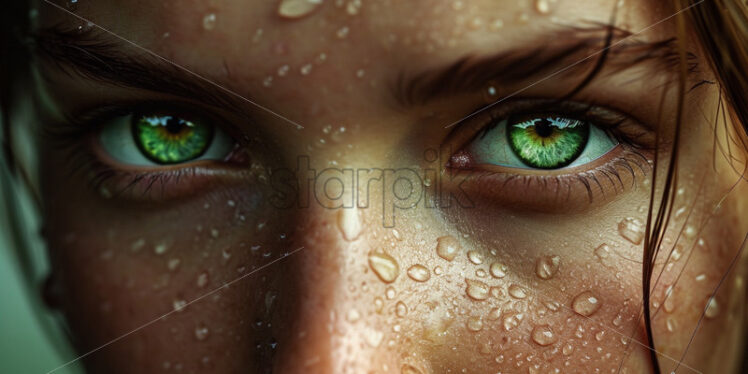 Woman with green eyes and water drops on her face - Starpik Stock