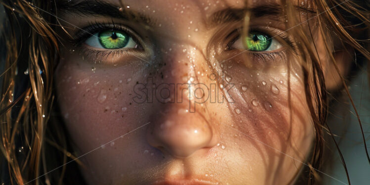 Woman with green eyes and water drops on her face - Starpik Stock