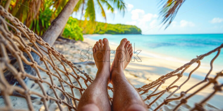 Woman with tanned legs in a hammock relaxing enjoying the tropical island - Starpik Stock