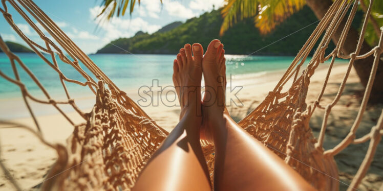 Woman with tanned legs in a hammock relaxing enjoying the tropical island - Starpik Stock