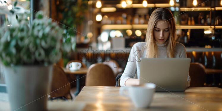 Woman working in a cafe at a laptop - Starpik Stock