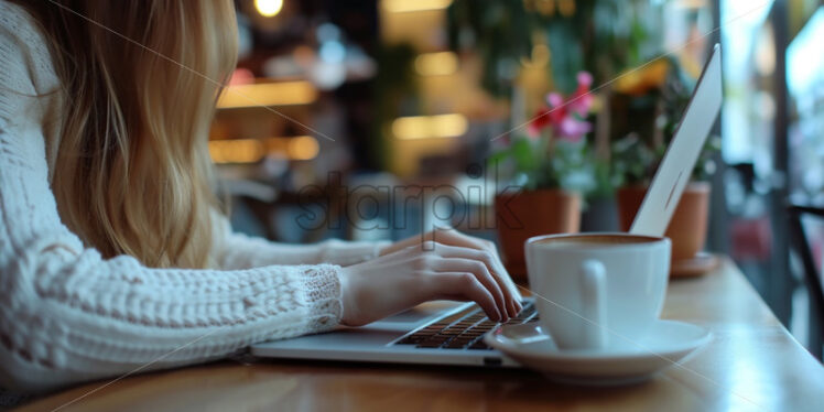 Woman working in a cafe at a laptop - Starpik Stock