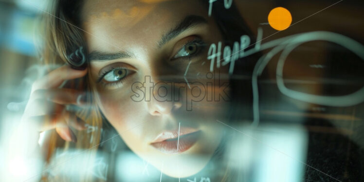 Woman writing on a glass technology innovations, formulas - Starpik Stock