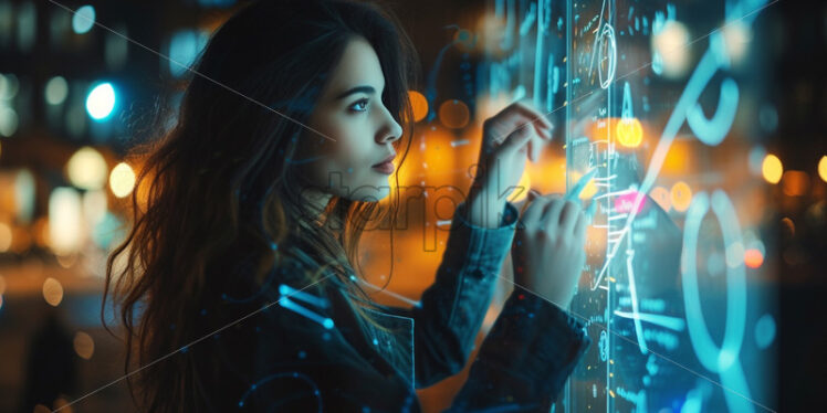 Woman writing on a glass technology innovations, formulas - Starpik Stock