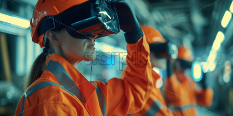 Workers in orange uniforme use VR glasses - Starpik Stock