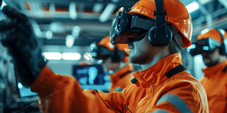 Workers in orange uniforme use VR glasses - Starpik Stock