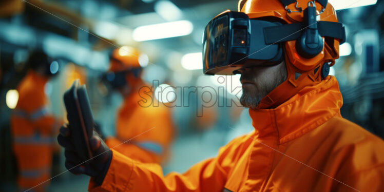 Workers in orange uniforme use VR glasses - Starpik Stock