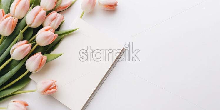 Workspace with a notebook, tulips on a white background - Starpik Stock