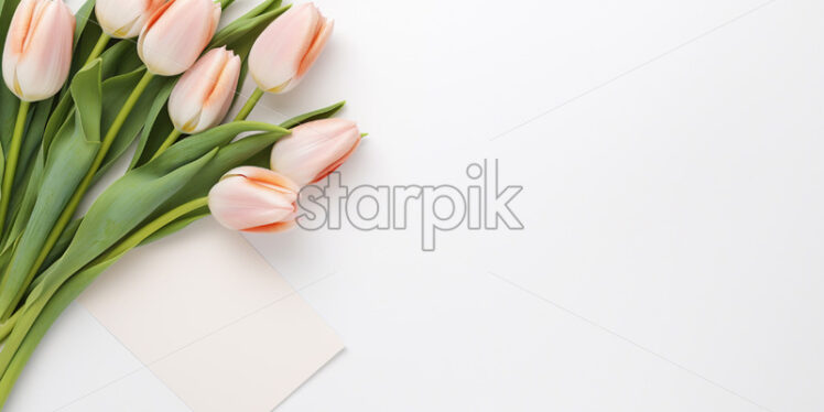 Workspace with tulips on a white background - Starpik Stock