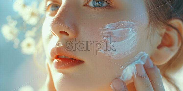 Young lady who spreads cream on her face. - Starpik Stock