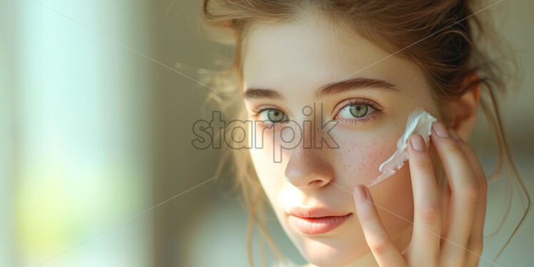 Young lady who spreads cream on her face. - Starpik Stock